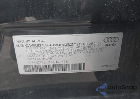 2007 Audi A4 2.0T from USA, damaged, VIN WAUDF78E27A062686